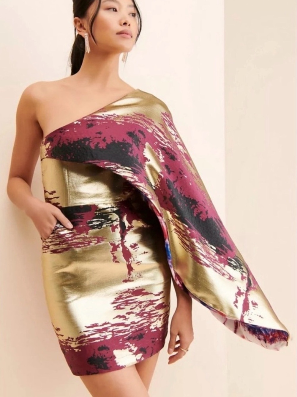 Free People NWT Gold and Burgundy One-Shoulder Cocktail Dress